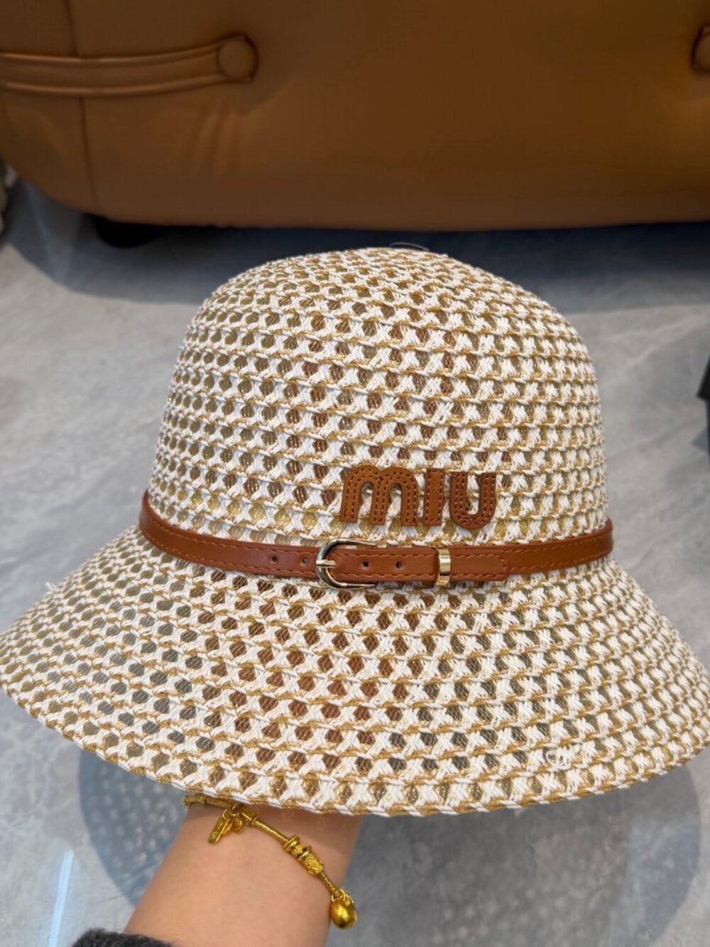 Miu Miu Two Tone Hollow Knit Raffia Bucket Hat Wide Brim Beach Vacation Sun Hat